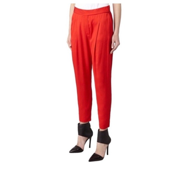 AllSaints Cedie Sky Red Pleated Trouser Pant Hi Rise Taper Hem Italian Cloth Sz6 - Picture 1 of 10